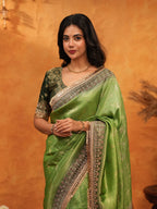 Elegant Parrot Green Banarasi Silk Saree with Rich Zari Border & Contrast Blouse | Designer Wedding & Festive Wear Saree