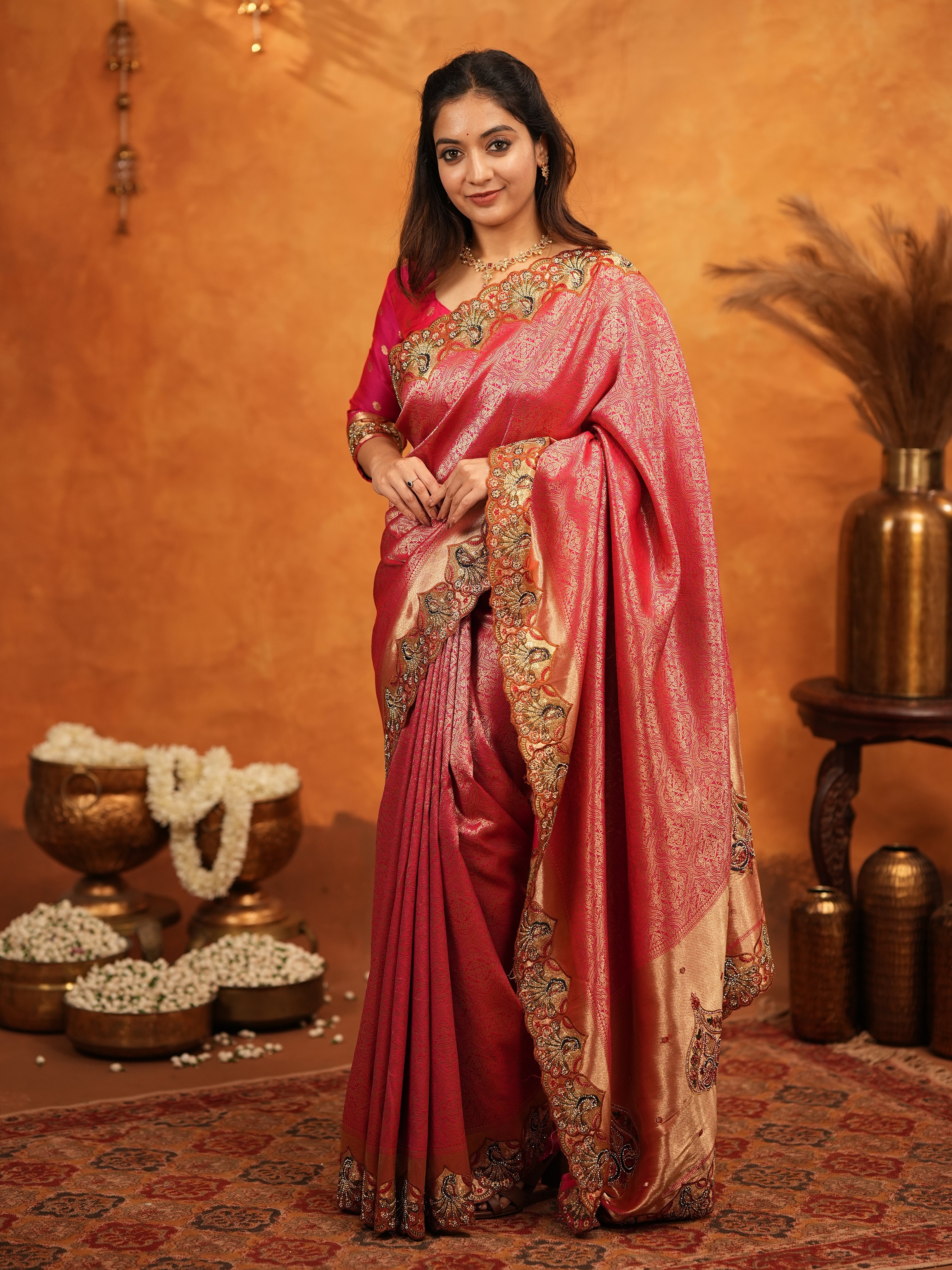 Rani Pink Banarasi Silk Saree with Rich Zari Weaving & Heavy Embroidered Border | Designer Wedding Wear Saree with Embroidered Blouse & Tassels