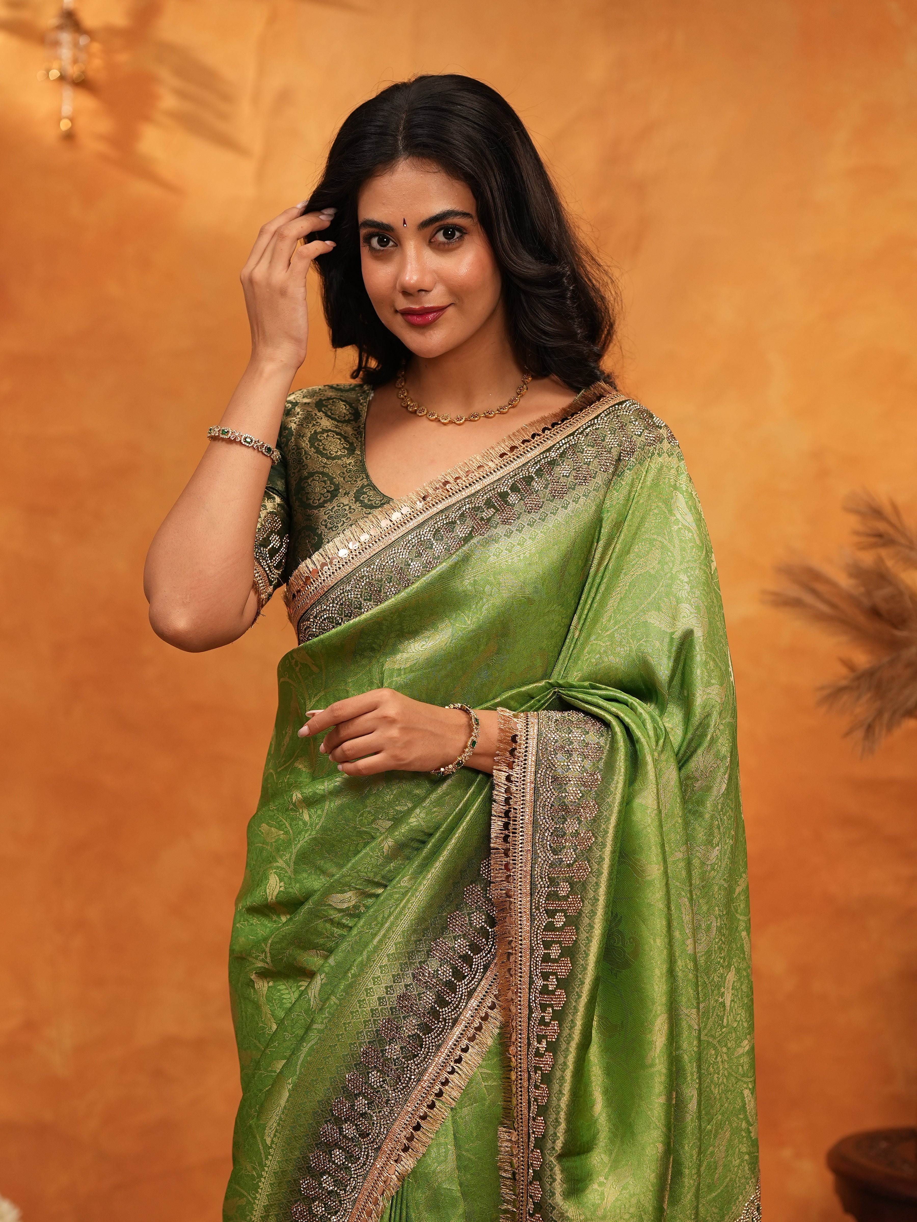 Elegant Parrot Green Banarasi Silk Saree with Rich Zari Border & Contrast Blouse | Designer Wedding & Festive Wear Saree