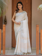 Ivory Cream Pure Handloom Cotton Saree with Golden Striped Weaving & Tassel Detailing