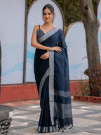 Elegant Midnight Navy Blue Pure Handloom Cotton Saree with Silver Border & Tassel Detailing