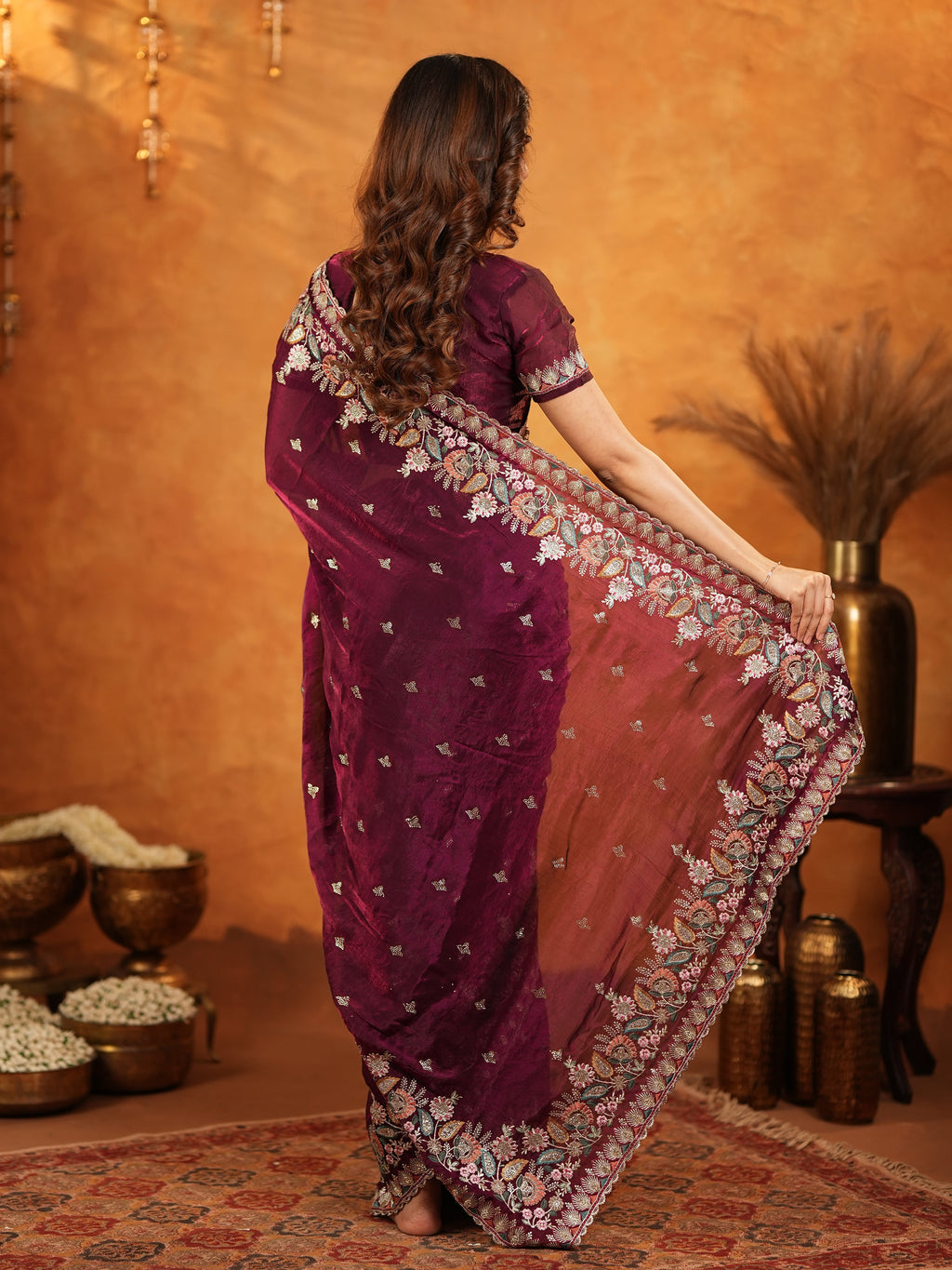 Deep Wine Purple Fendy Satin Embroidered Saree with Heavy Floral Border & Tassels | Designer Saree with Rich Embroidered Blouse