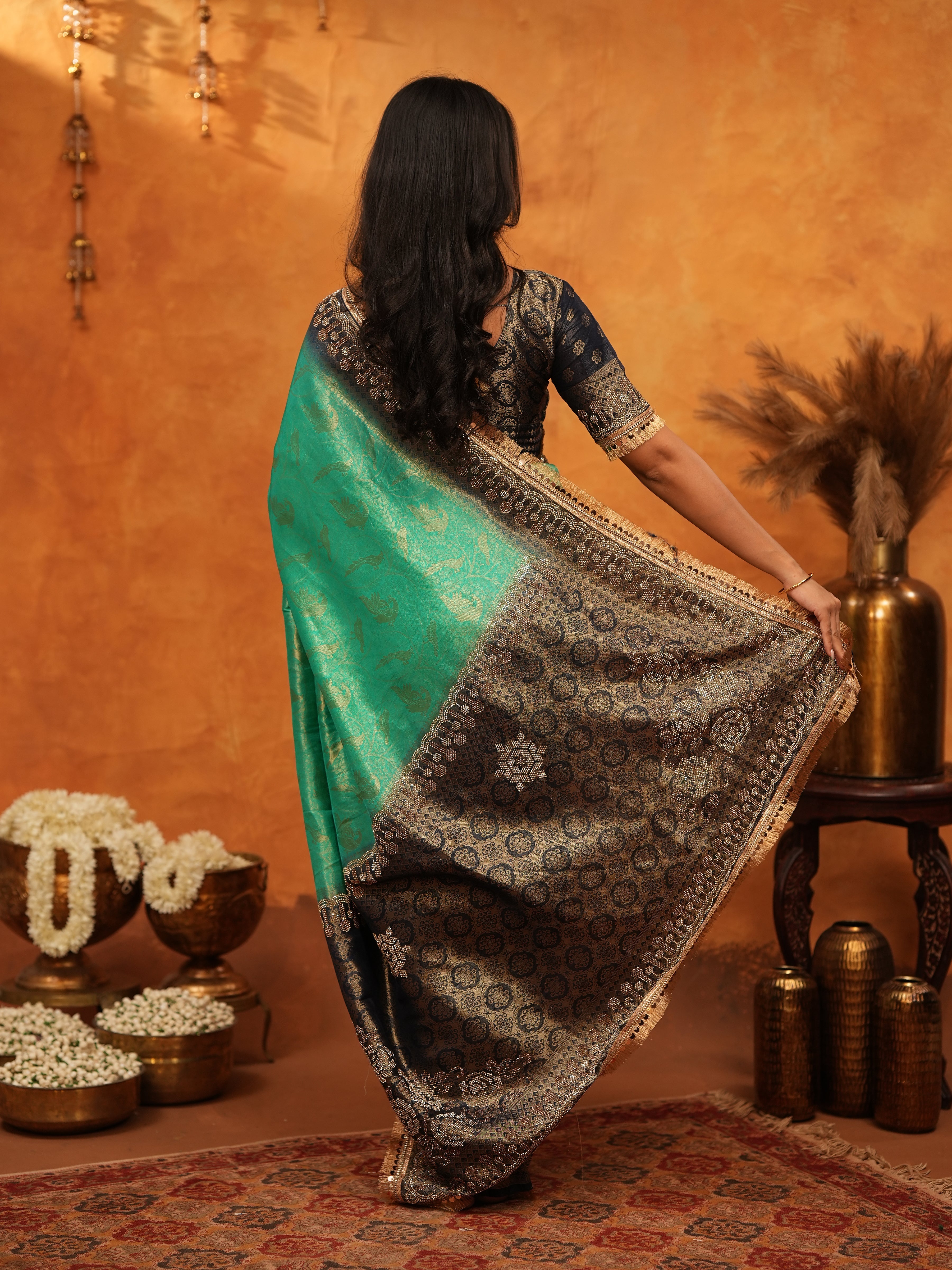 Elegant Teal Green Banarasi Silk Saree with Black Zari Border & Rich Woven Pallu | Designer Festive & Wedding Wear Saree