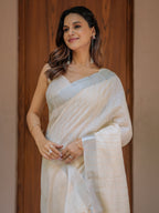 Ivory Cream Pure Handloom Cotton Saree with Golden Striped Weaving & Tassel Detailing