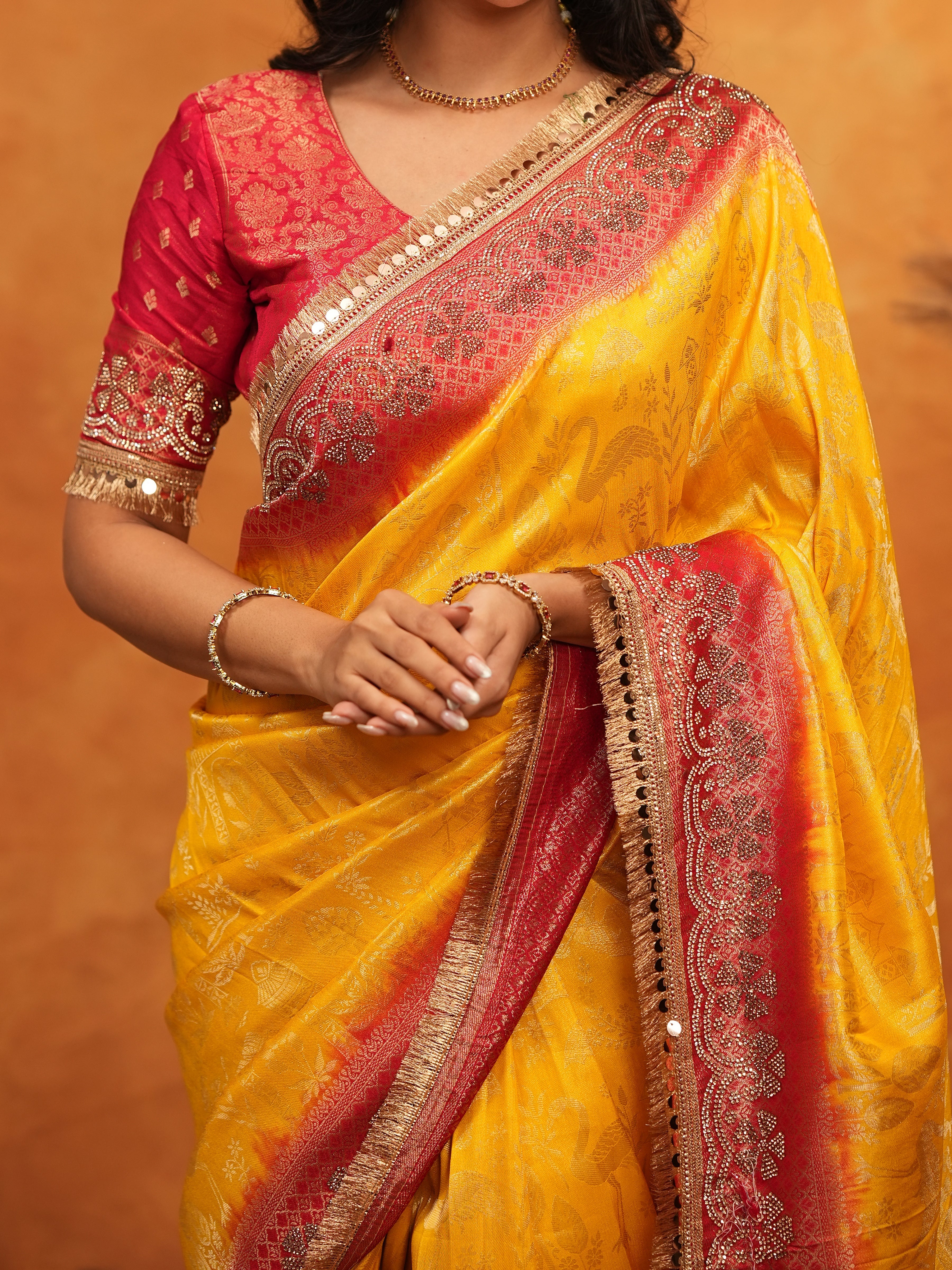 Sunshine Yellow & Red Banarasi Silk Saree with Rich Zari Border & Contrast Pallu | Designer Festive & Wedding Wear Saree