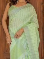 Mint Green Pure Handloom Cotton Saree with Striped Weaving & Tassel Detailing
