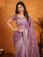 Lavender Purple Fendy Satin Embroidered Saree with Heavy Floral Border & Designer Pallu | Elegant Party Wear Saree with Embroidered Blouse