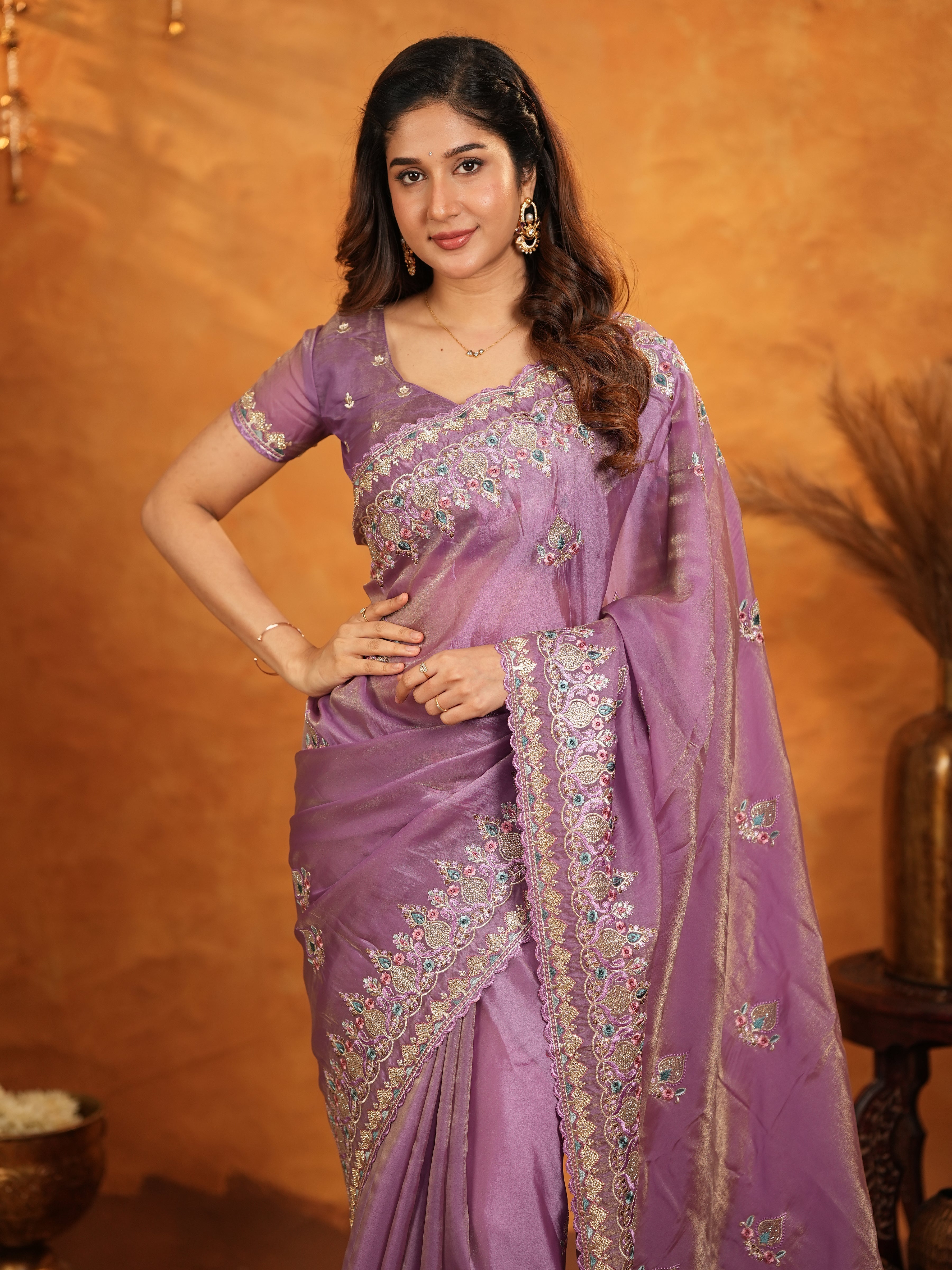 Lavender Purple Fendy Satin Embroidered Saree with Heavy Floral Border & Designer Pallu | Elegant Party Wear Saree with Embroidered Blouse