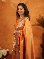 Rust Orange Banarasi Silk Saree with All-Over Zari Weaving & Designer Embroidered Border | Festive Wedding Wear Saree with Blouse & Tassels