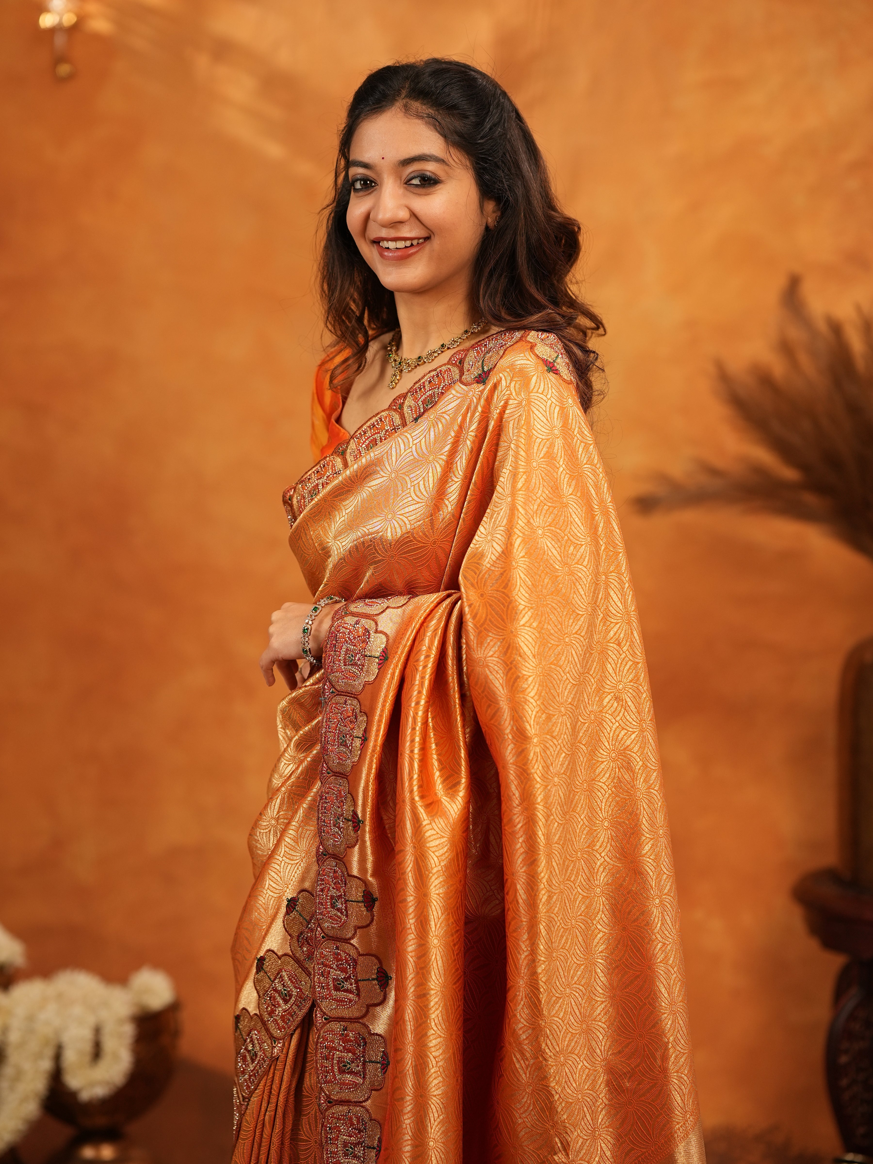 Rust Orange Banarasi Silk Saree with All-Over Zari Weaving & Designer Embroidered Border | Festive Wedding Wear Saree with Blouse & Tassels