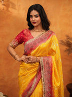 Sunshine Yellow & Red Banarasi Silk Saree with Rich Zari Border & Contrast Pallu | Designer Festive & Wedding Wear Saree