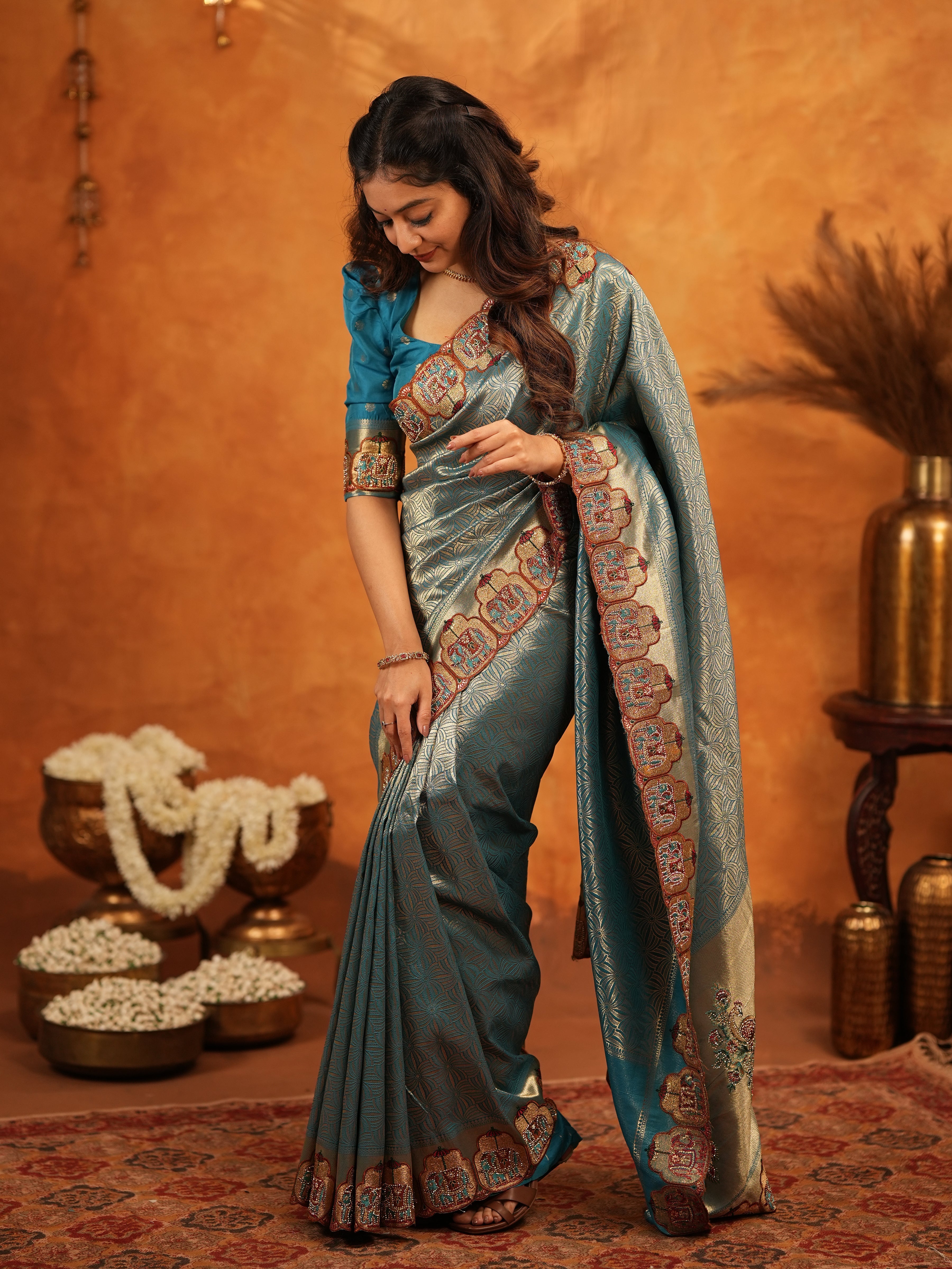 Teal Blue Banarasi Silk Saree with All-Over Zari Weaving & Ornamental Embroidered Border | Designer Wedding & Festive Wear Saree with Blouse