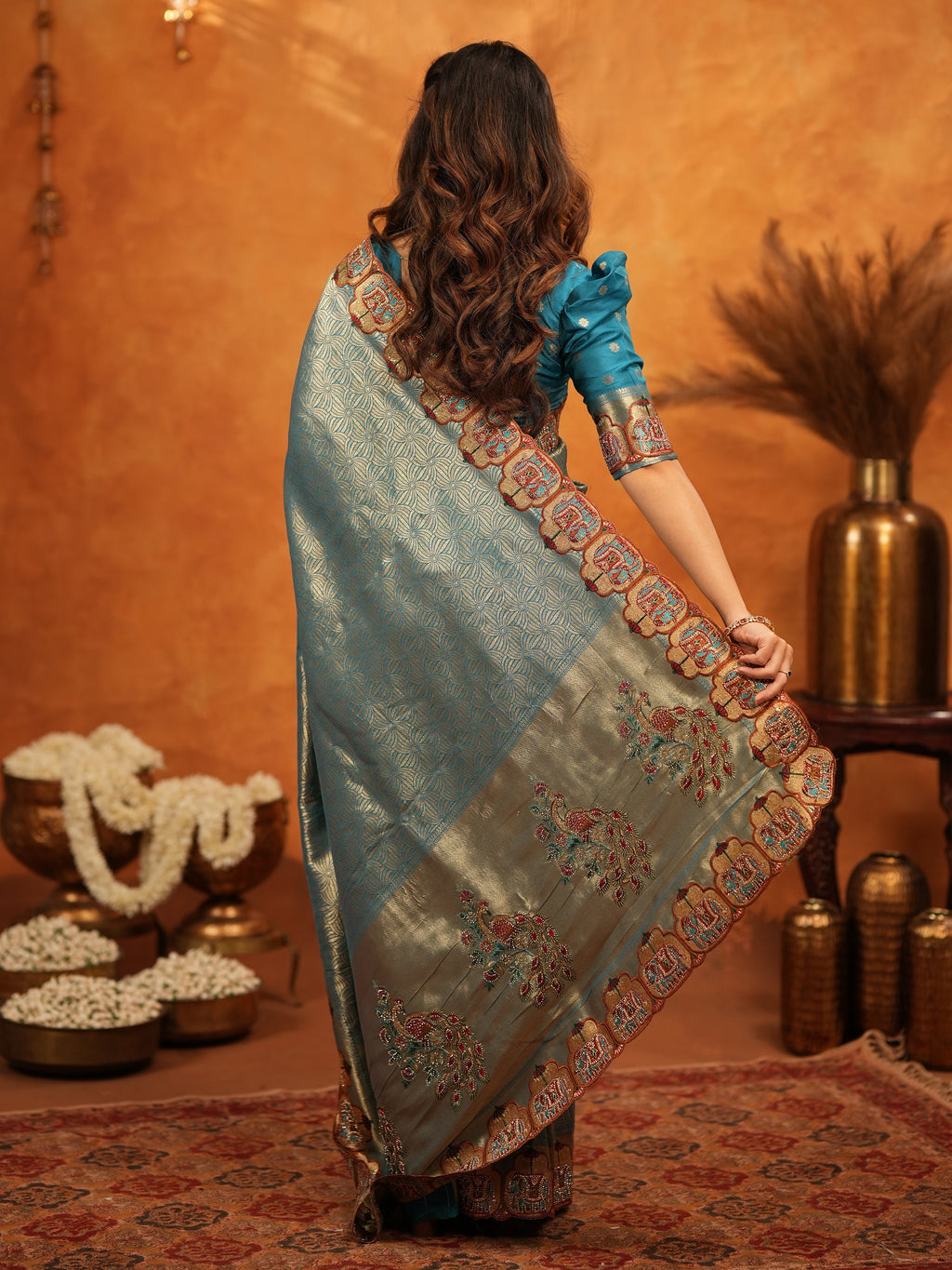 Teal Blue Banarasi Silk Saree with All-Over Zari Weaving & Ornamental Embroidered Border | Designer Wedding & Festive Wear Saree with Blouse