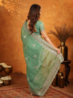 Elegant Mehendi Green Fendy Satin Embroidered Saree with Heavy Floral Border & Designer Pallu | Festive Wear Saree with Embroidered Blouse