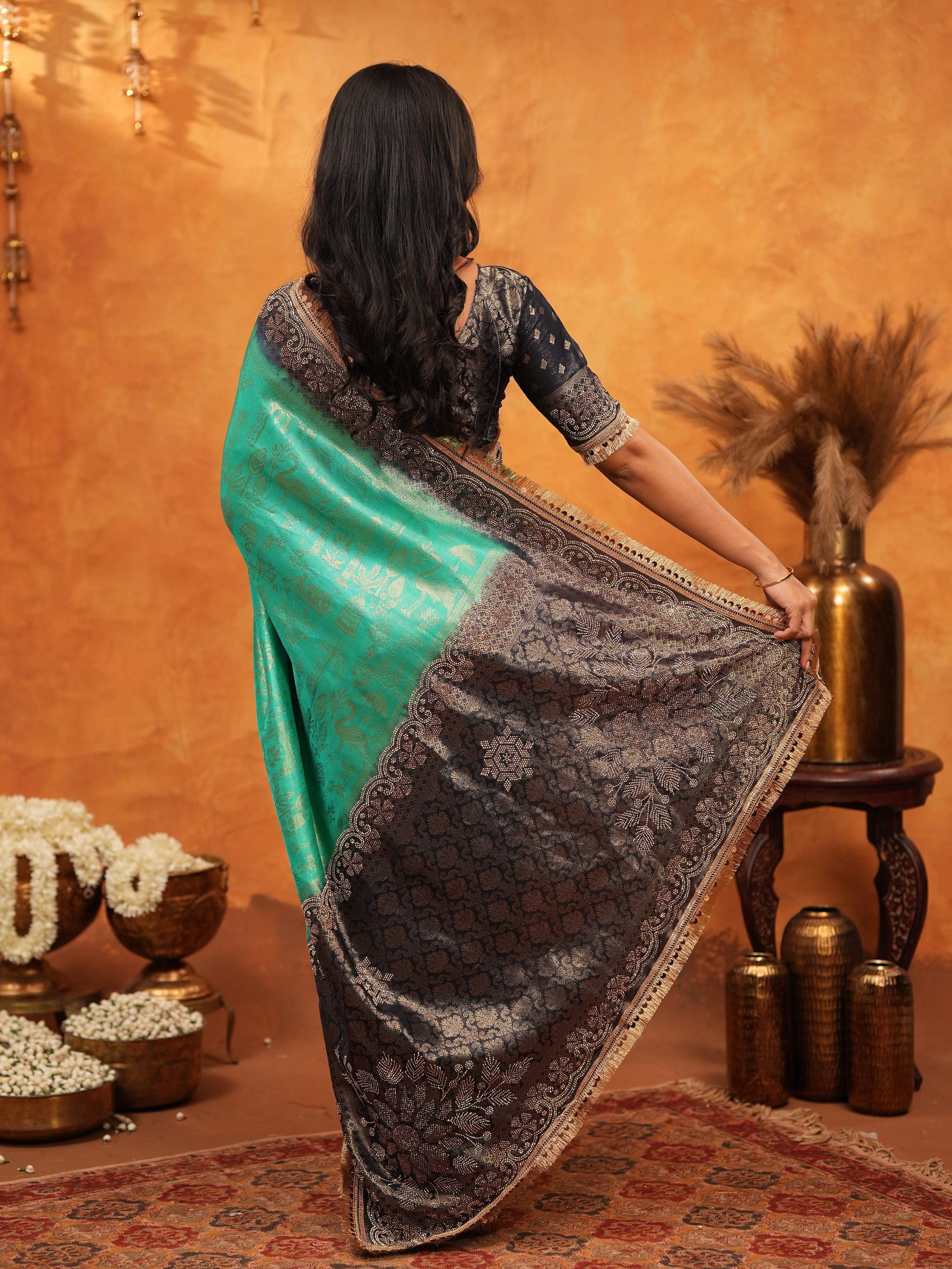 Teal Green & Black Banarasi Silk Saree with Rich Zari Border & Grand Contrast Pallu | Designer Wedding & Festive Wear Saree