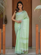 Mint Green Pure Handloom Cotton Saree with Striped Weaving & Tassel Detailing