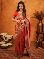 Tomato Red Banarasi Silk Saree with Rich Zari Weaving & Designer Embroidered Border | Elegant Wedding & Festive Wear Saree with Blouse & Tassels