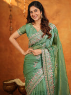 Elegant Mehendi Green Fendy Satin Embroidered Saree with Heavy Floral Border & Designer Pallu | Festive Wear Saree with Embroidered Blouse