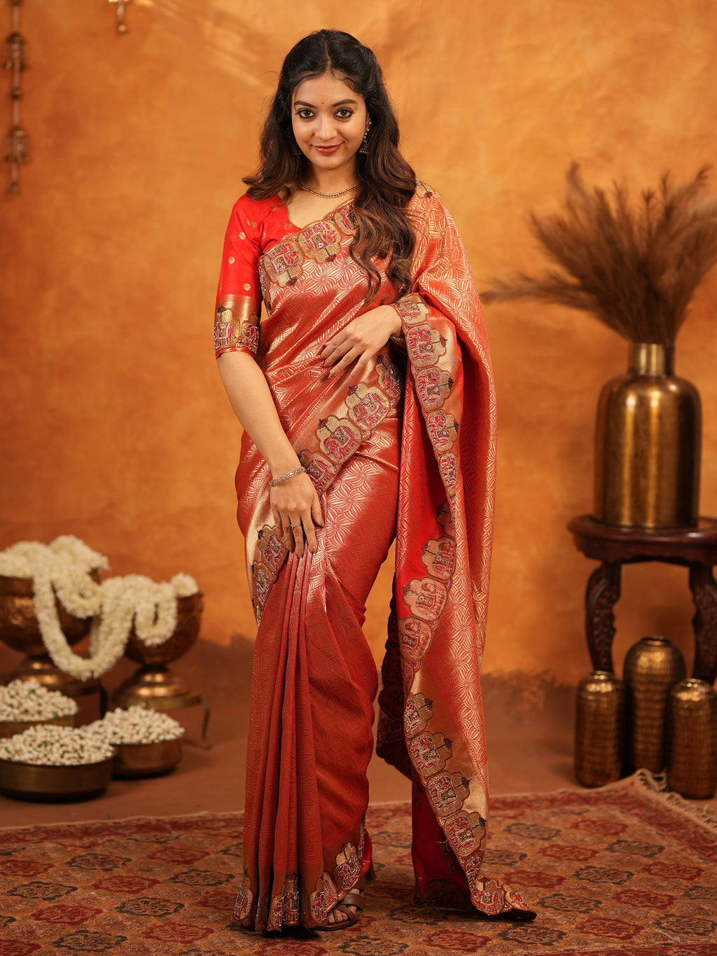 Tomato Red Banarasi Silk Saree with Rich Zari Weaving & Designer Embroidered Border | Elegant Wedding & Festive Wear Saree with Blouse & Tassels