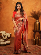 Tomato Red Banarasi Silk Saree with Rich Zari Weaving & Designer Embroidered Border | Elegant Wedding & Festive Wear Saree with Blouse & Tassels