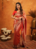 Tomato Red Banarasi Silk Saree with Rich Zari Weaving & Designer Embroidered Border | Elegant Wedding & Festive Wear Saree with Blouse & Tassels