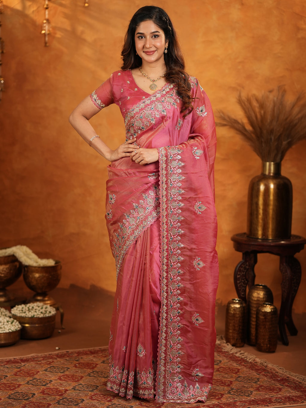 Dusty Rose Pink Fendy Satin Embroidered Saree with Heavy Floral Border & Designer Pallu | Elegant Festive Wear Saree with Embroidered Blouse