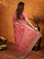 Dusty Rose Pink Fendy Satin Embroidered Saree with Heavy Floral Border & Designer Pallu | Elegant Festive Wear Saree with Embroidered Blouse