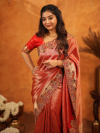 Tomato Red Banarasi Silk Saree with Rich Zari Weaving & Designer Embroidered Border | Elegant Wedding & Festive Wear Saree with Blouse & Tassels