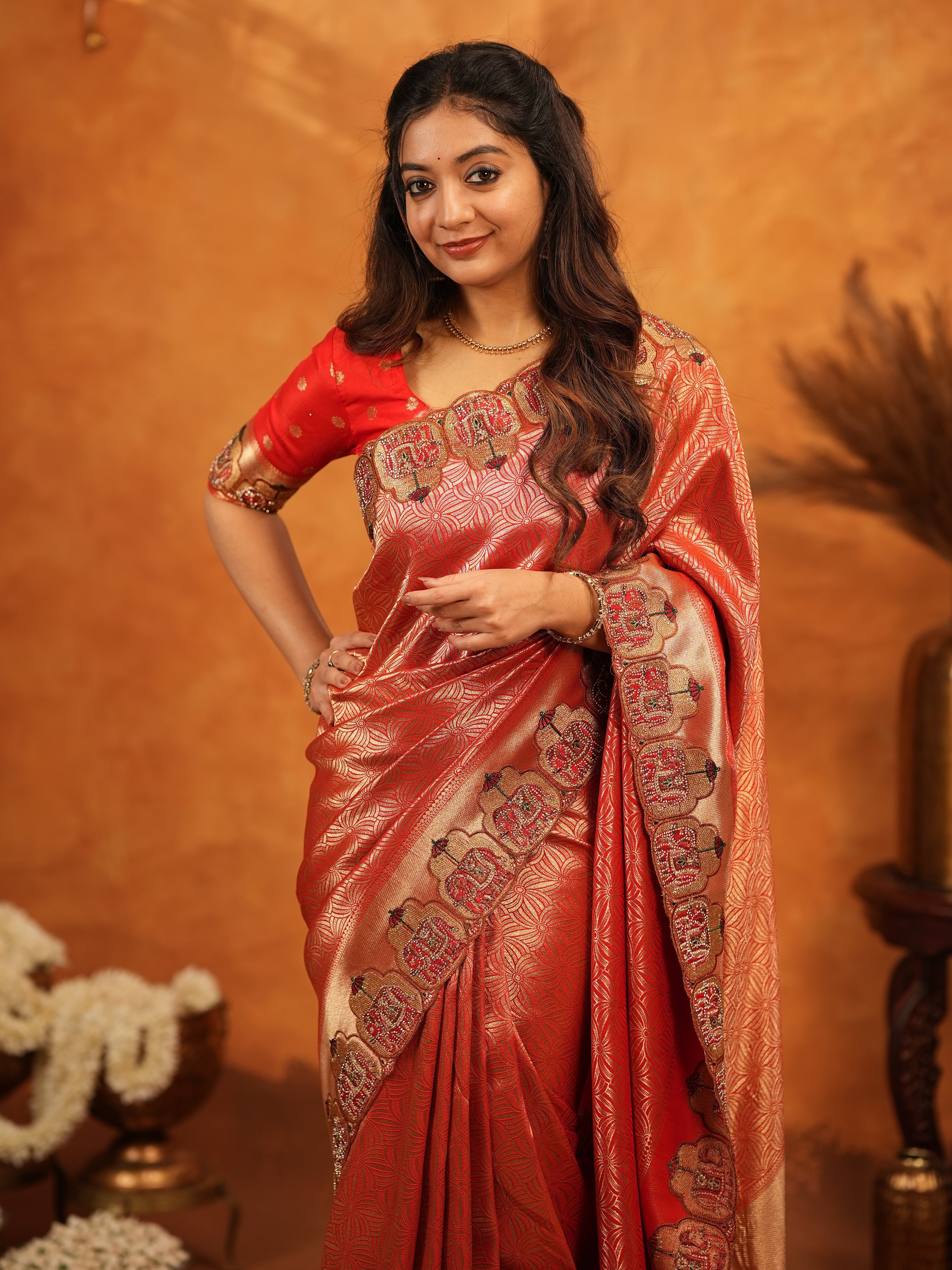Tomato Red Banarasi Silk Saree with Rich Zari Weaving & Designer Embroidered Border | Elegant Wedding & Festive Wear Saree with Blouse & Tassels