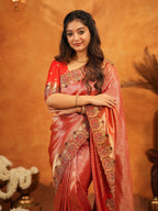 Tomato Red Banarasi Silk Saree with Rich Zari Weaving & Designer Embroidered Border | Elegant Wedding & Festive Wear Saree with Blouse & Tassels