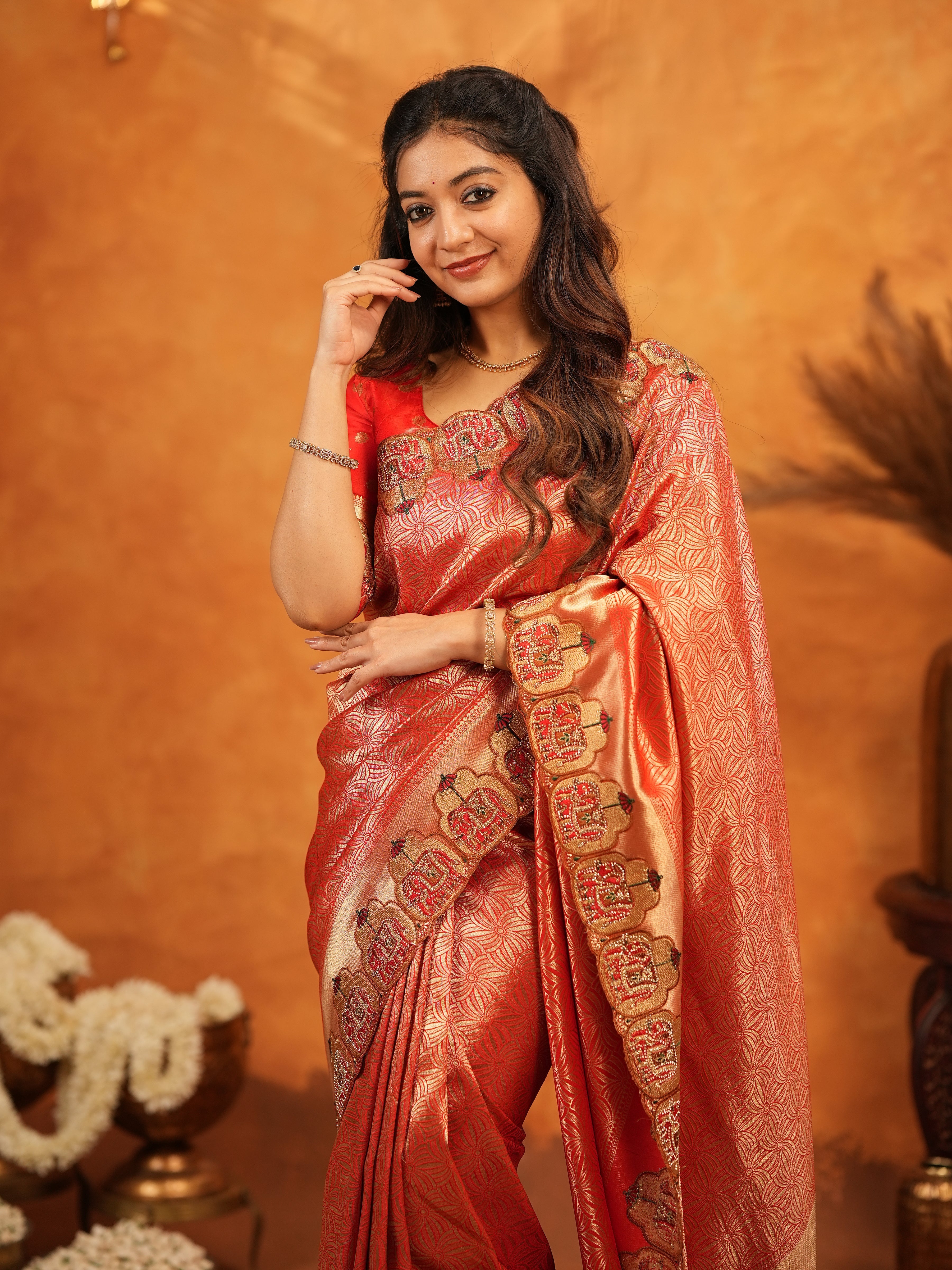 Tomato Red Banarasi Silk Saree with Rich Zari Weaving & Designer Embroidered Border | Elegant Wedding & Festive Wear Saree with Blouse & Tassels