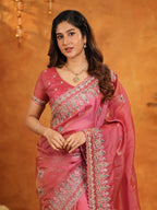 Dusty Rose Pink Fendy Satin Embroidered Saree with Heavy Floral Border & Designer Pallu | Elegant Festive Wear Saree with Embroidered Blouse