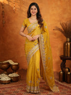 Mustard Yellow Fendy Satin Embroidered Saree with Heavy Floral Border & Designer Pallu | Festive Wedding Wear Saree with Embroidered Blouse