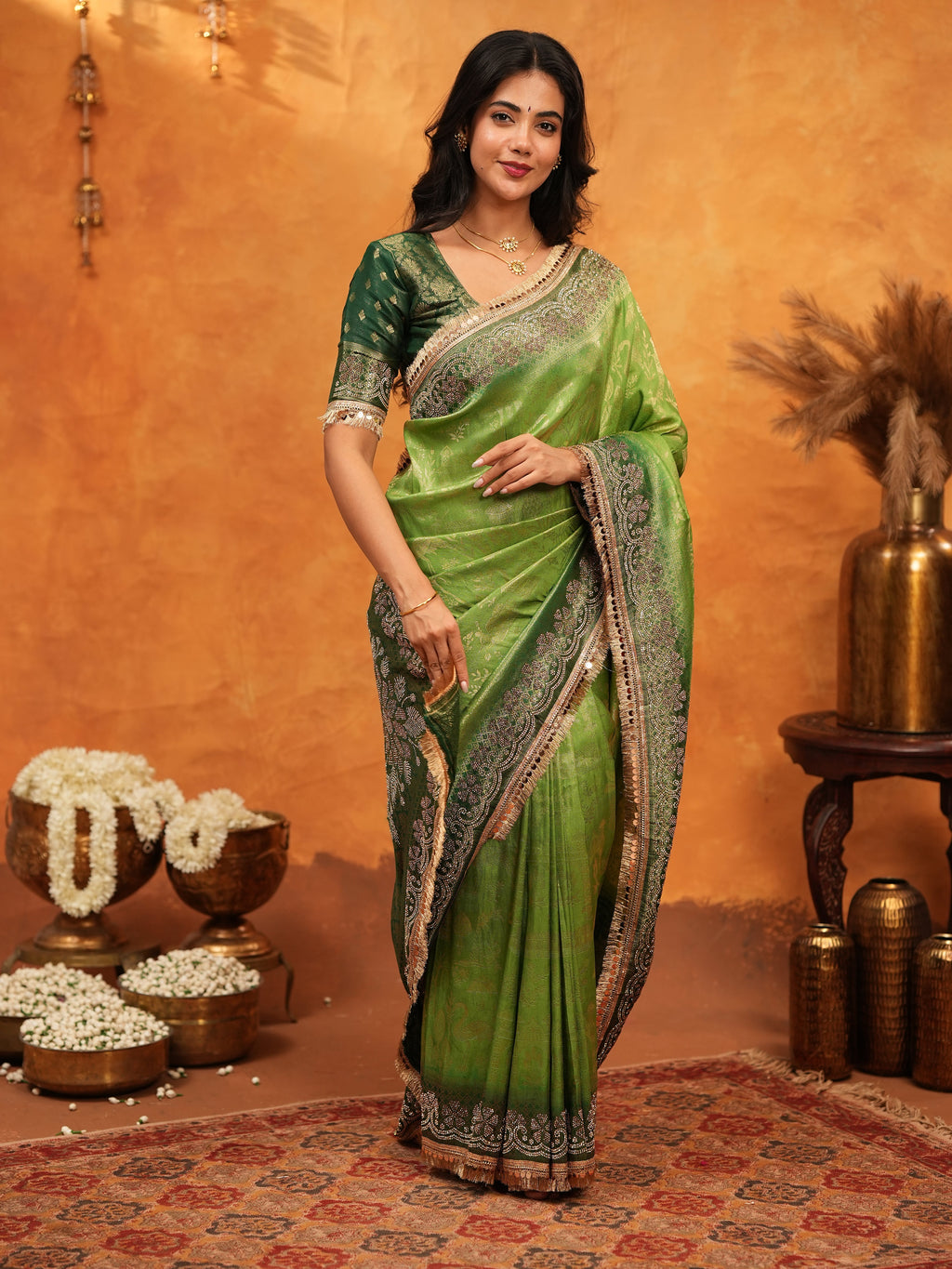 Emerald Green Banarasi Silk Saree with Intricate Zari Border & Rich Woven Pallu | Designer Festive & Wedding Wear Saree