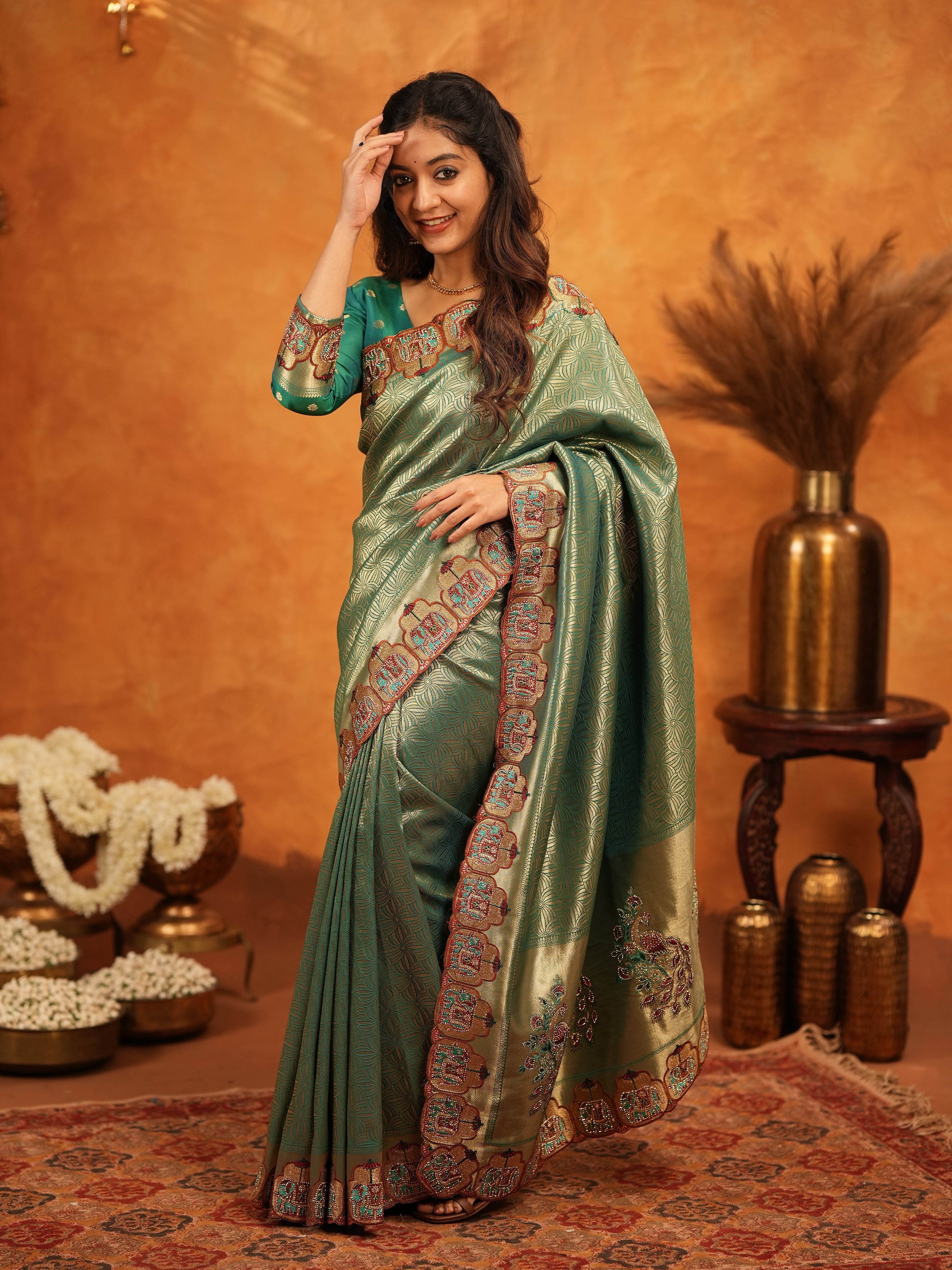 Bottle Green Banarasi Silk Saree with All-Over Zari Weaving & Designer Embroidered Border | Premium Wedding & Festive Wear Saree with Blouse & Tassels