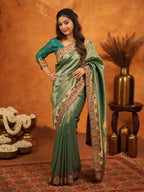 Bottle Green Banarasi Silk Saree with All-Over Zari Weaving & Designer Embroidered Border | Premium Wedding & Festive Wear Saree with Blouse & Tassels