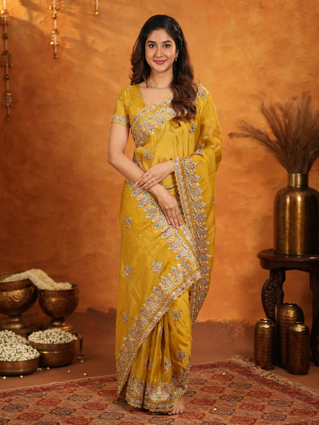 Mustard Yellow Fendy Satin Embroidered Saree with Heavy Floral Border & Designer Pallu | Festive Wedding Wear Saree with Embroidered Blouse