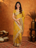Mustard Yellow Fendy Satin Embroidered Saree with Heavy Floral Border & Designer Pallu | Festive Wedding Wear Saree with Embroidered Blouse