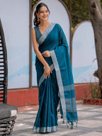 Elegant Teal Blue Pure Handloom Cotton Saree with Silver Border & Tassel Detailing