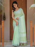 Mint Green Pure Handloom Cotton Saree with Striped Weaving & Tassel Detailing