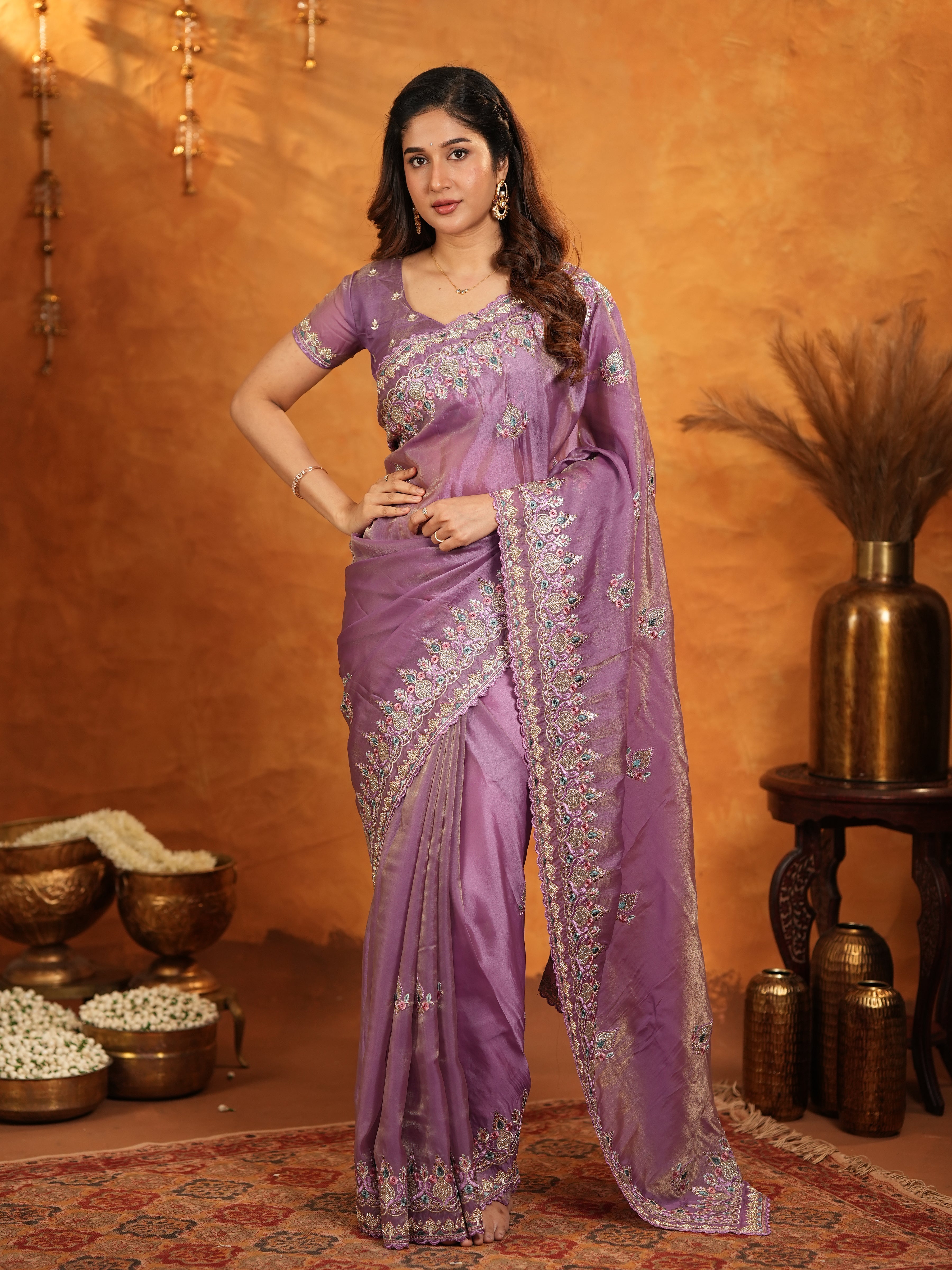Lavender Purple Fendy Satin Embroidered Saree with Heavy Floral Border & Designer Pallu | Elegant Party Wear Saree with Embroidered Blouse