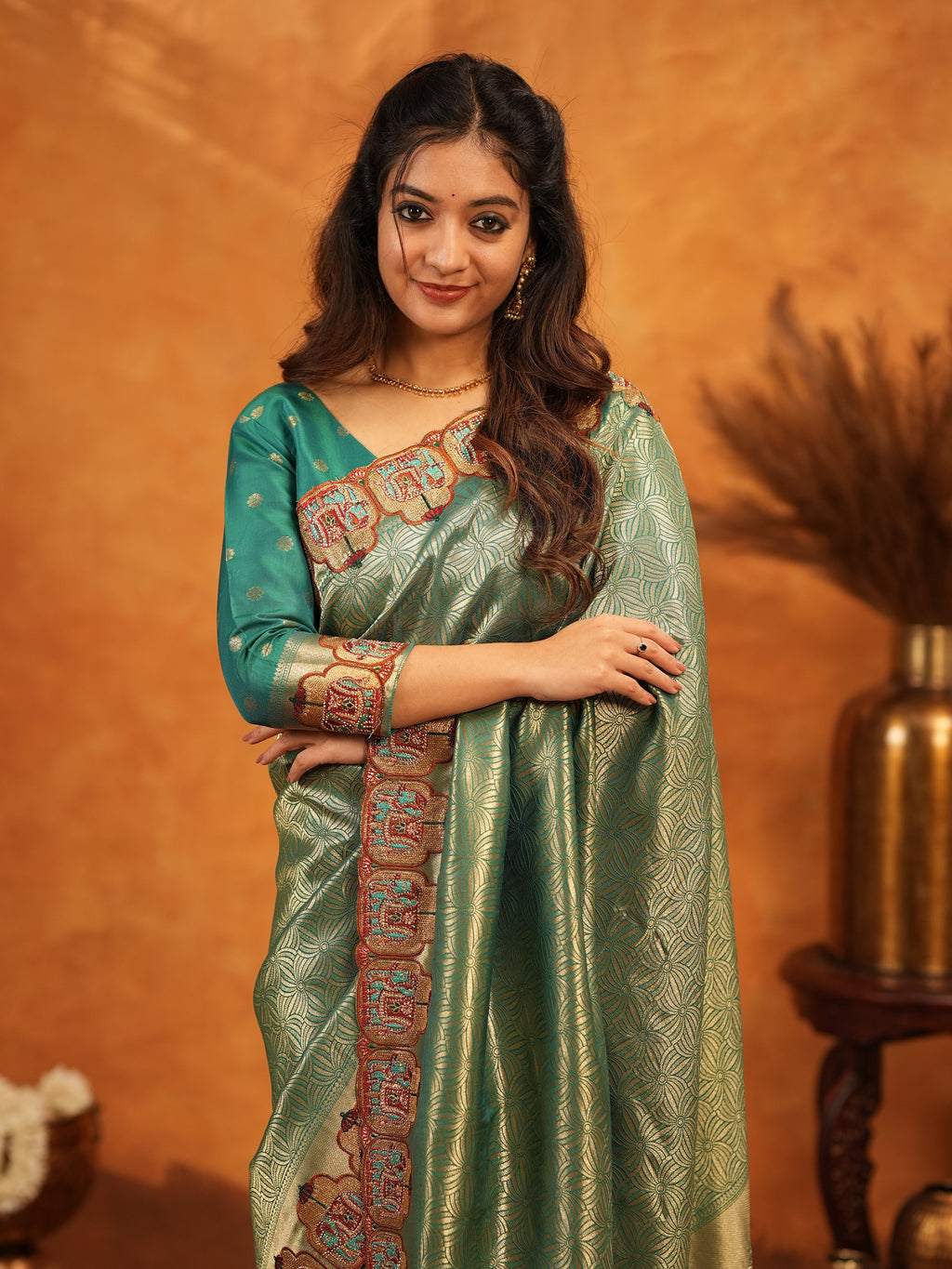 Bottle Green Banarasi Silk Saree with All-Over Zari Weaving & Designer Embroidered Border | Premium Wedding & Festive Wear Saree with Blouse & Tassels