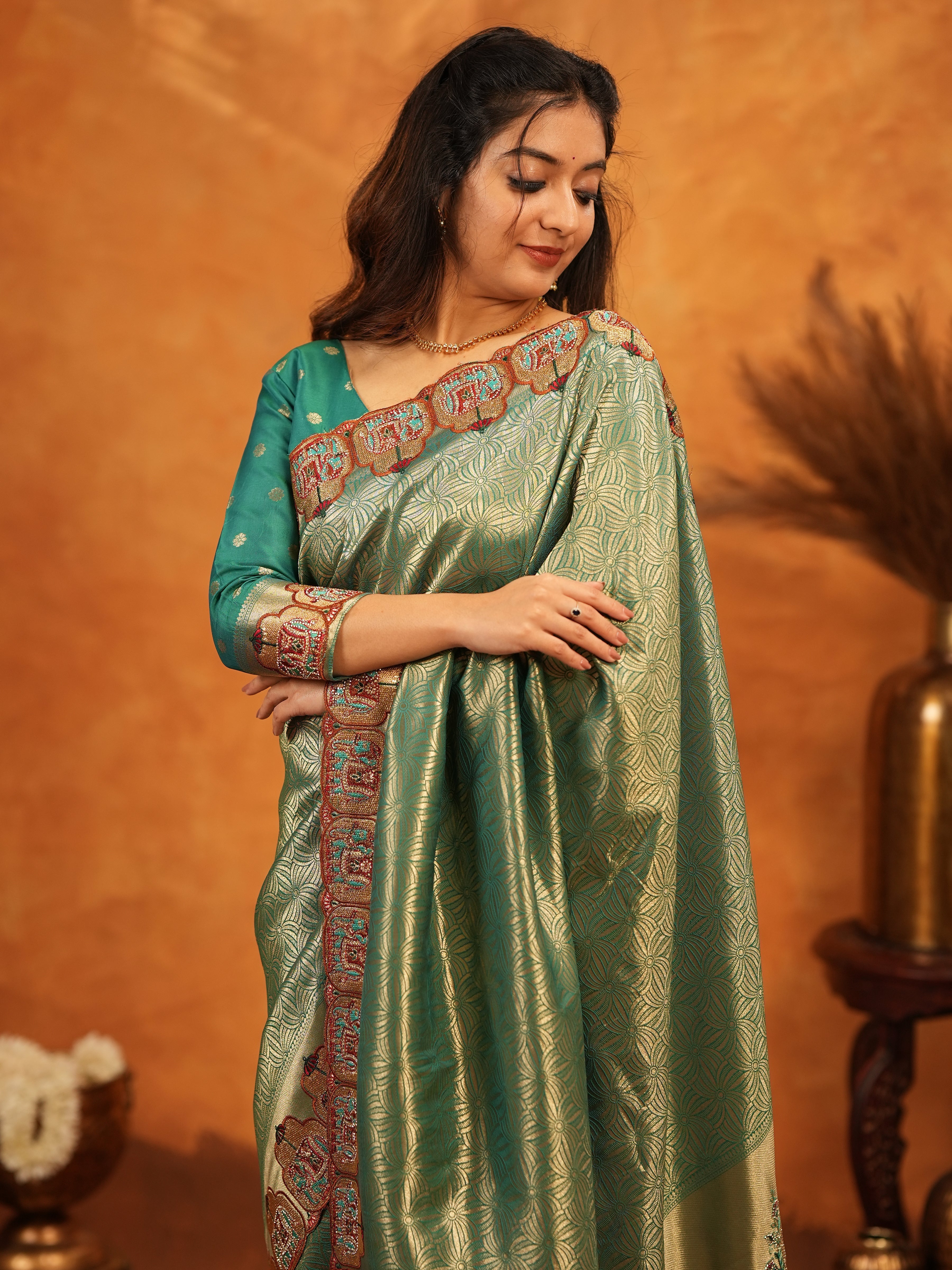 Bottle Green Banarasi Silk Saree with All-Over Zari Weaving & Designer Embroidered Border | Premium Wedding & Festive Wear Saree with Blouse & Tassels
