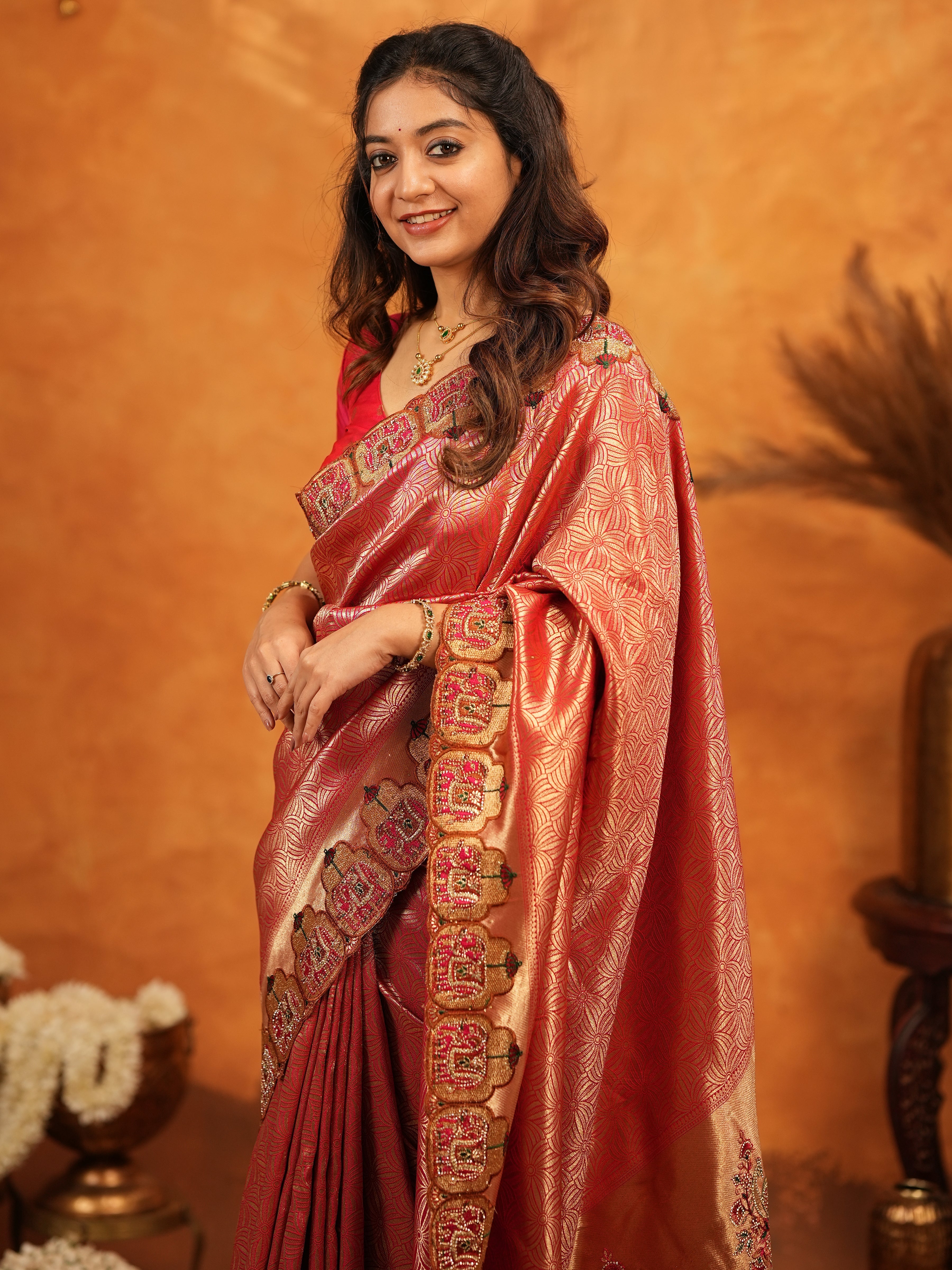 Deep Coral Red Banarasi Silk Saree with All-Over Zari Weaving & Designer Embroidered Border | Elegant Wedding & Festive Wear Saree with Blouse & Tassels