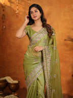 Olive Green Fendy Satin Embroidered Saree with Heavy Floral Border & Designer Pallu | Elegant Festive Wear Saree with Embroidered Blouse