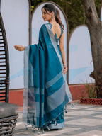 Elegant Teal Blue Pure Handloom Cotton Saree with Silver Border & Tassel Detailing