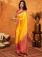 Sunshine Yellow & Red Banarasi Silk Saree with Rich Zari Border & Contrast Pallu | Designer Festive & Wedding Wear Saree
