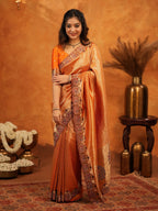 Rust Orange Banarasi Silk Saree with All-Over Zari Weaving & Designer Embroidered Border | Festive Wedding Wear Saree with Blouse & Tassels