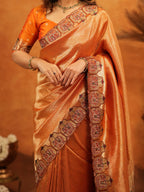 Rust Orange Banarasi Silk Saree with All-Over Zari Weaving & Designer Embroidered Border | Festive Wedding Wear Saree with Blouse & Tassels