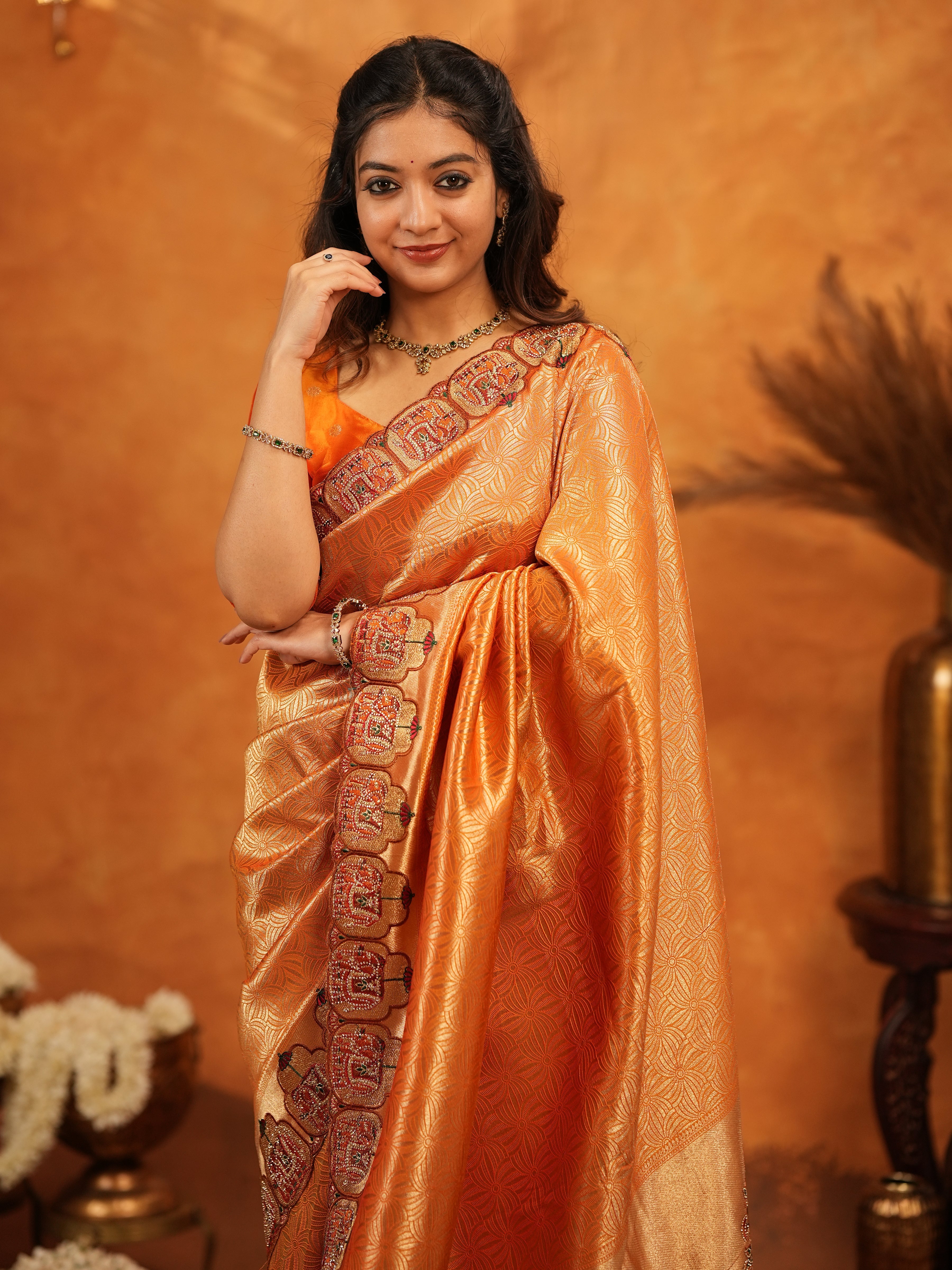 Rust Orange Banarasi Silk Saree with All-Over Zari Weaving & Designer Embroidered Border | Festive Wedding Wear Saree with Blouse & Tassels